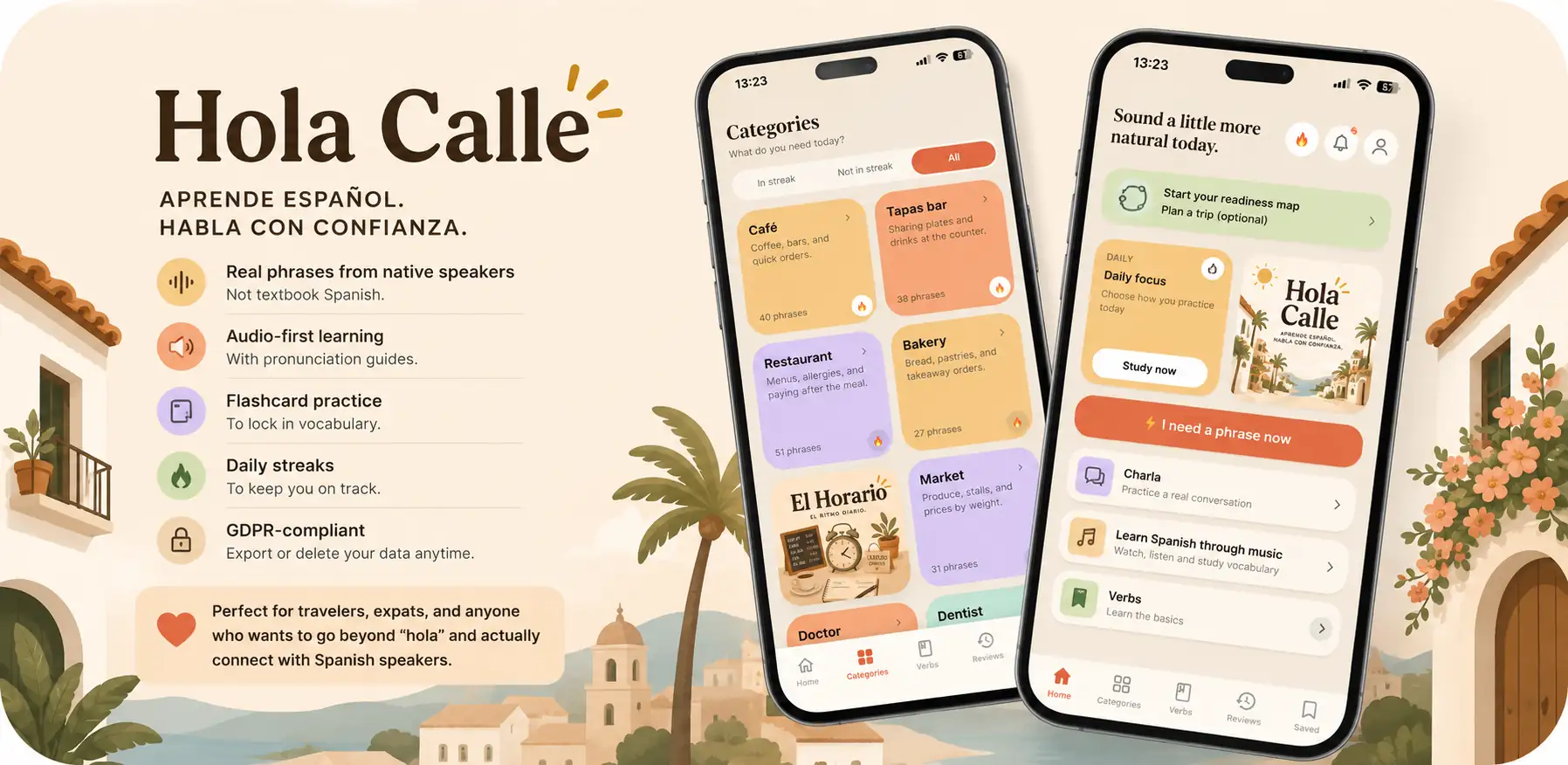 Hola Calle app screens with Spanish phrases for travel