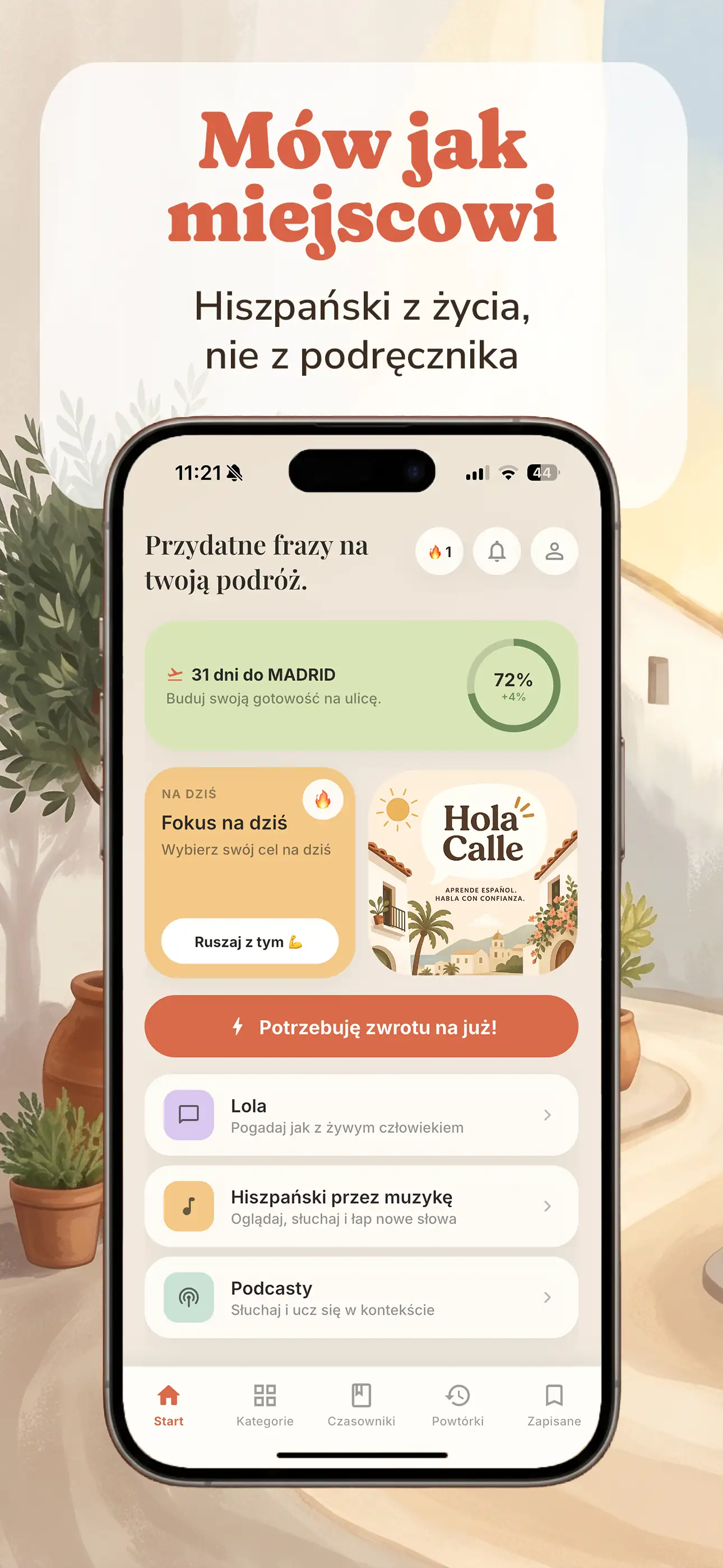 Ekran 01 aplikacji Hola Calle - nauka hiszpańskiego przez prawdziwe zwroty