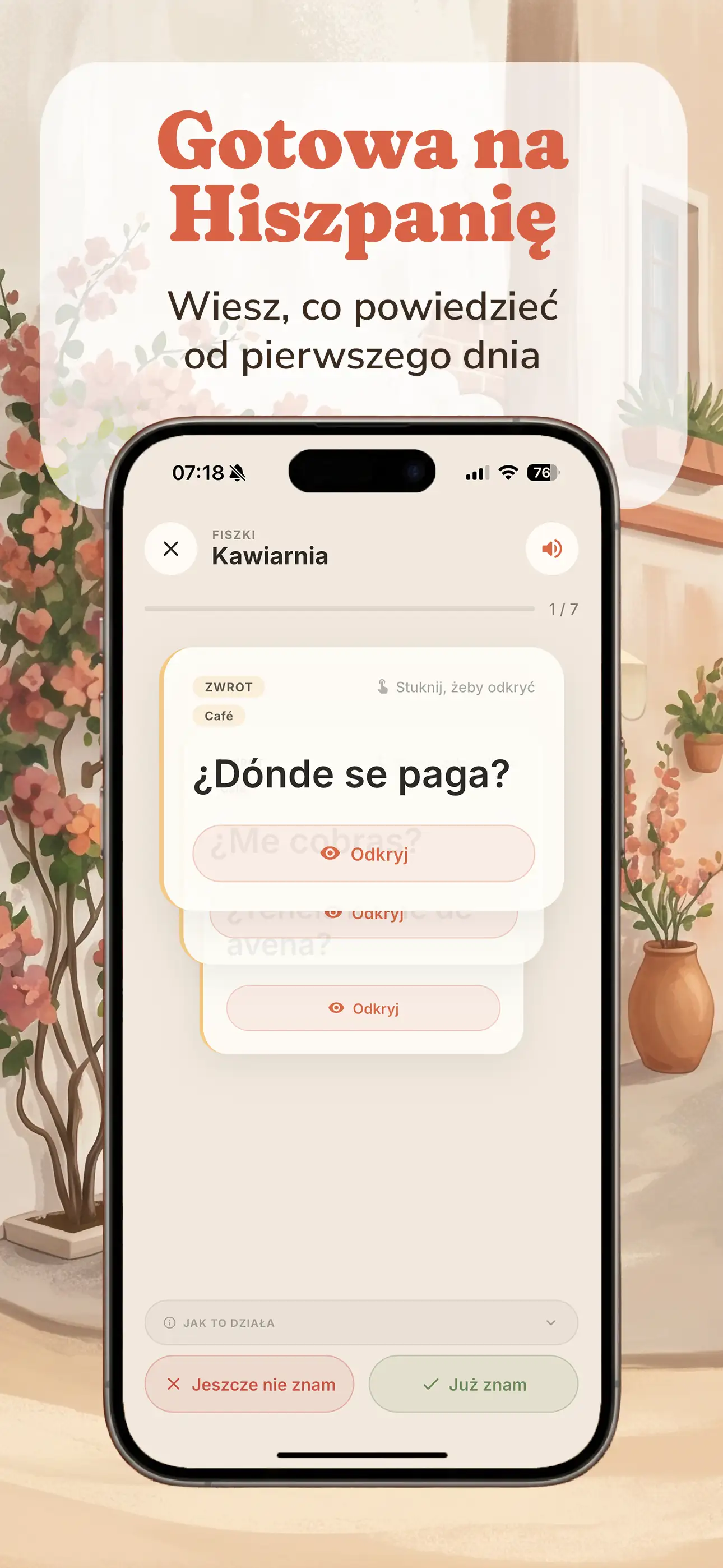 Ekran 02 aplikacji Hola Calle - nauka hiszpańskiego przez prawdziwe zwroty